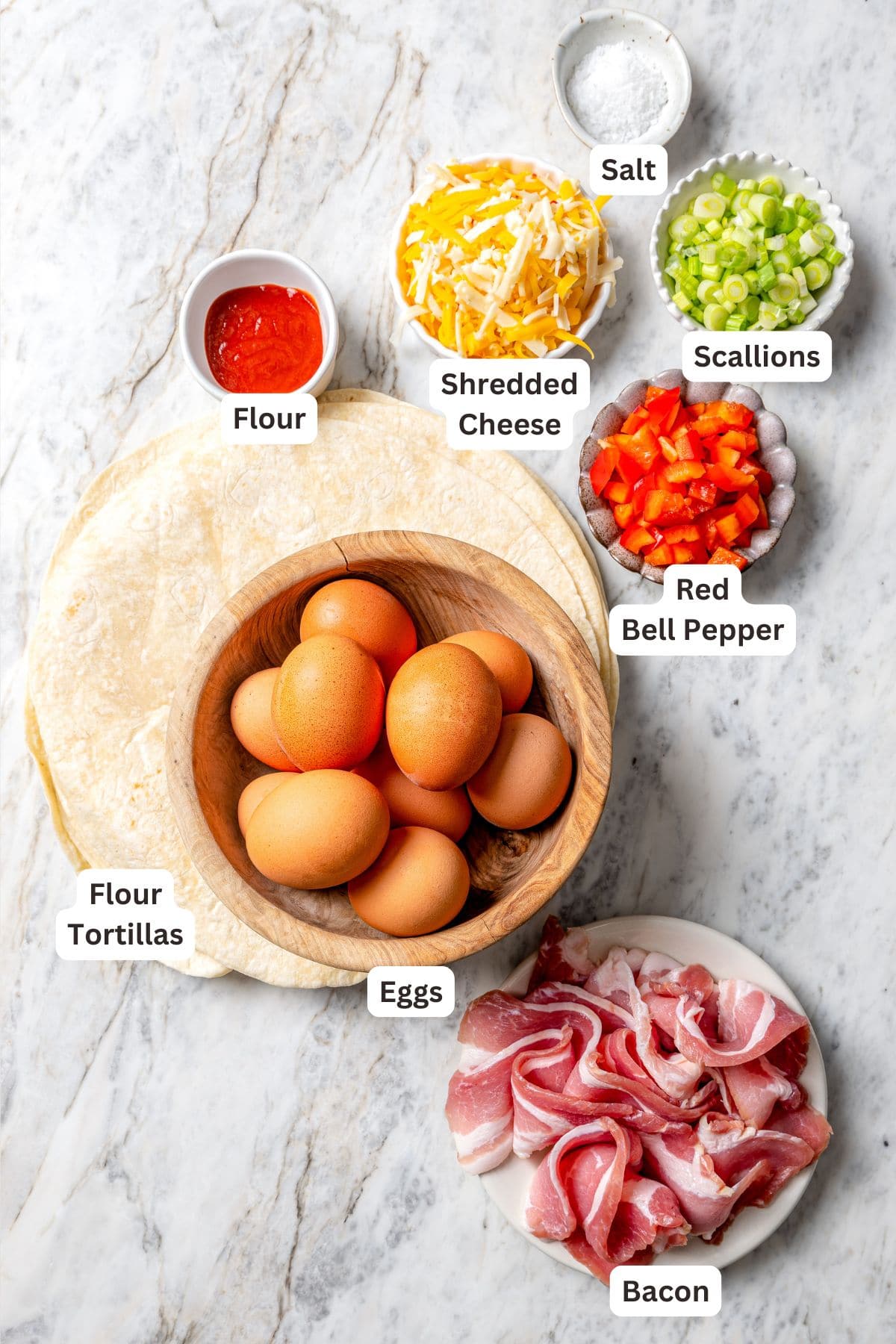 Overhead view of ingredients for breakfast burritos with labels