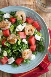 Grilled Shrimp and Watermelon Chopped Salad uses romaine tossed with sweet, juicy watermelon, grilled shrimp and goat cheese with a golden balsamic vinaigrette – I'll be making this salad all summer!!