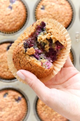 These Gluten-Free, Dairy-Free, Blueberry Oatmeal Muffins are insanely good. So moist, and lightly sweetened, studded with blueberries in every bite!