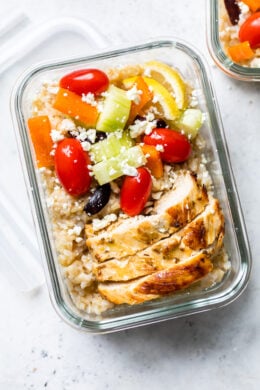 Bring the flavors of the Mediterranean to work with these Greek Chicken Meal Prep Rice Bowls – the perfect recipe to make ahead!