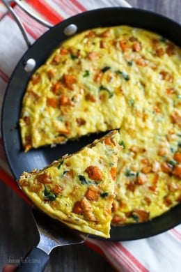 Leftover turkey, sweet potatoes, spinach and Gruyere cheese – trust me, you'll want to save some Thanksgiving turkey because this breakfast frittata is SO good!