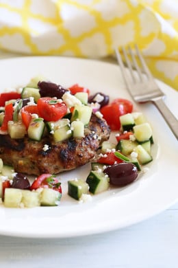 I adapted my original turkey burger recipe and added fresh oregano and Feta cheese to the burgers. Then I made a simple Greek salad with cucumbers, tomatoes, red onion and a package of Salad Savors and the results were outstanding! I'll be making these all summer.