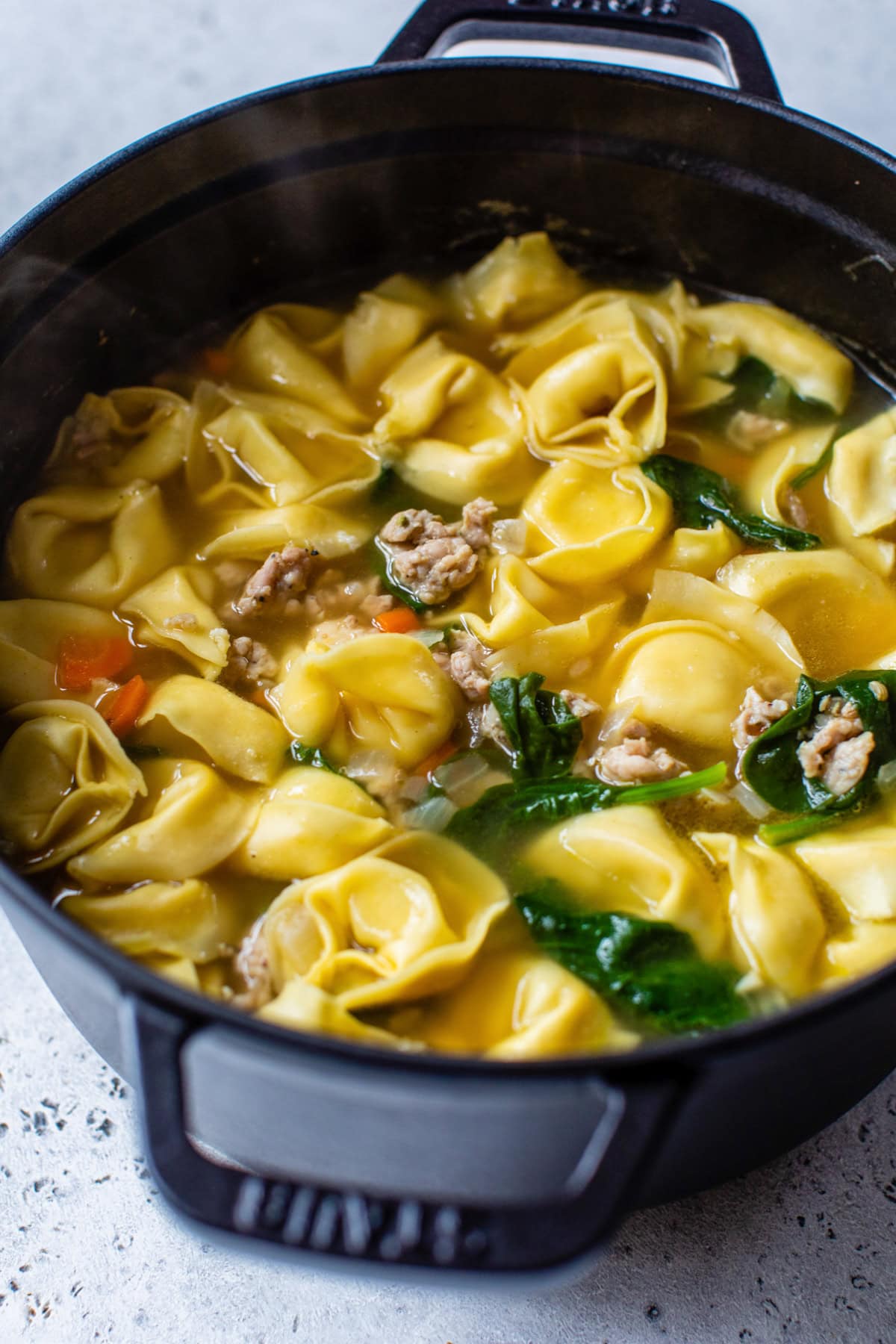 Sausage Tortellini Soup in a pot