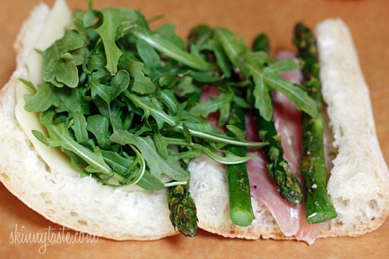 Melted Swiss cheese, asparagus, prosciutto, arugula and garlic mayonnaise pressed in a ciabatta panini. Did that just make your stomach growl?