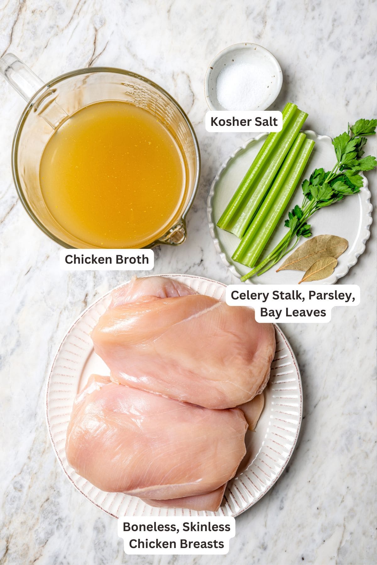 Overhead view of ingredients for slow cooker shredded chicken with labels