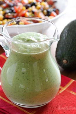 This is good stuff! Creamy avocado dressing with a little zing from the jalapeño pepper.